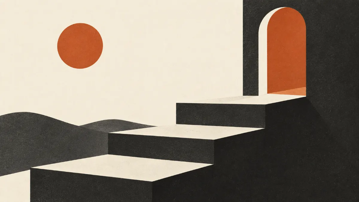 Charcoal steps leading to an orange archway