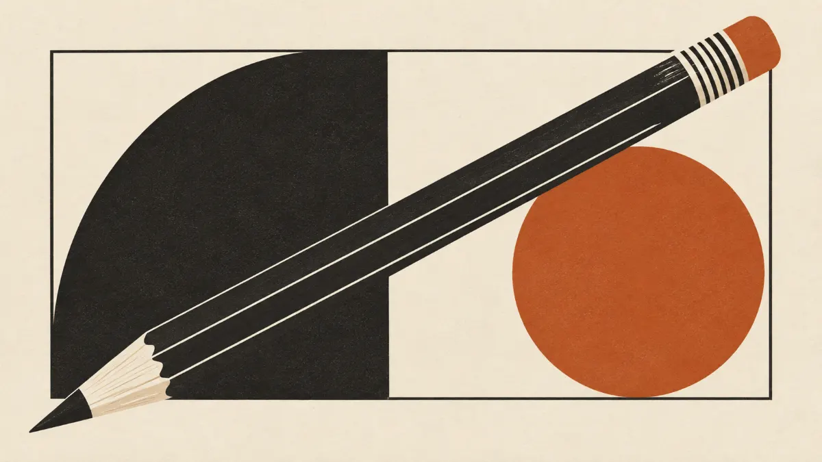 Black pencil beside a frame of orange and charcoal shapes