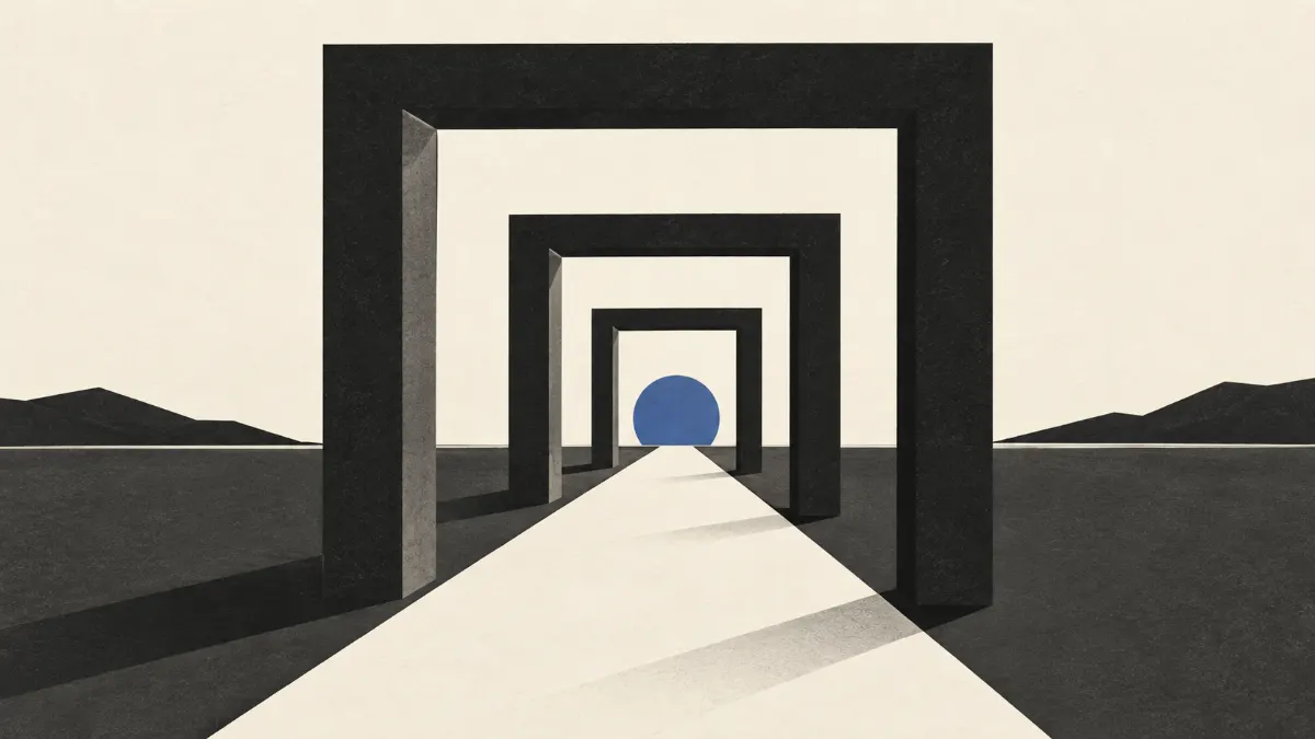 A path through charcoal portals toward a blue horizon