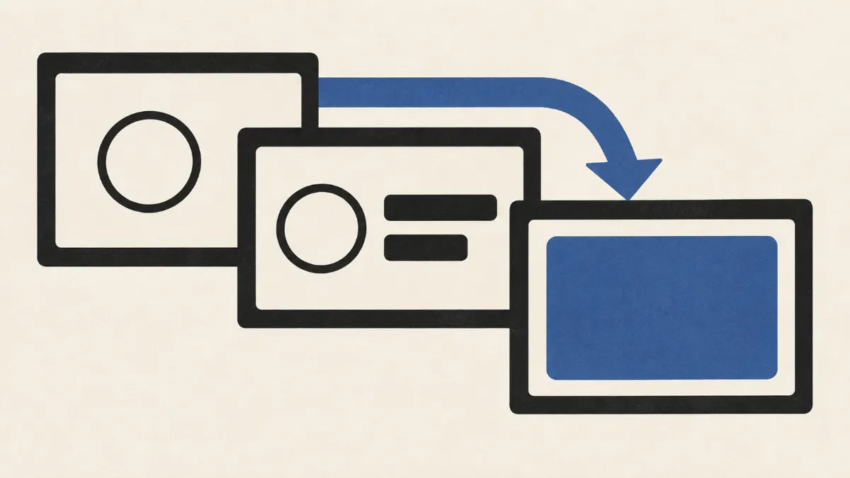 Three interface frames connected by a blue arrow