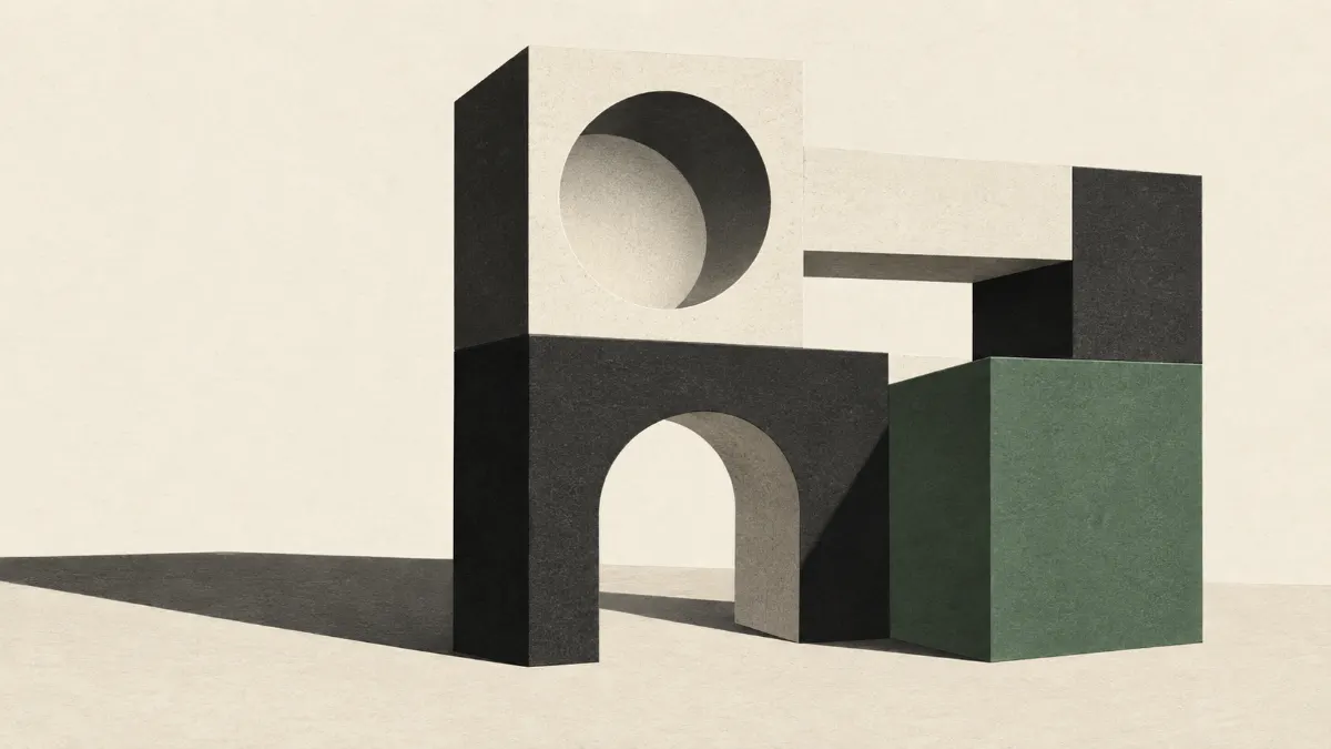 Architectural blocks with an arch, a circle, and a green square