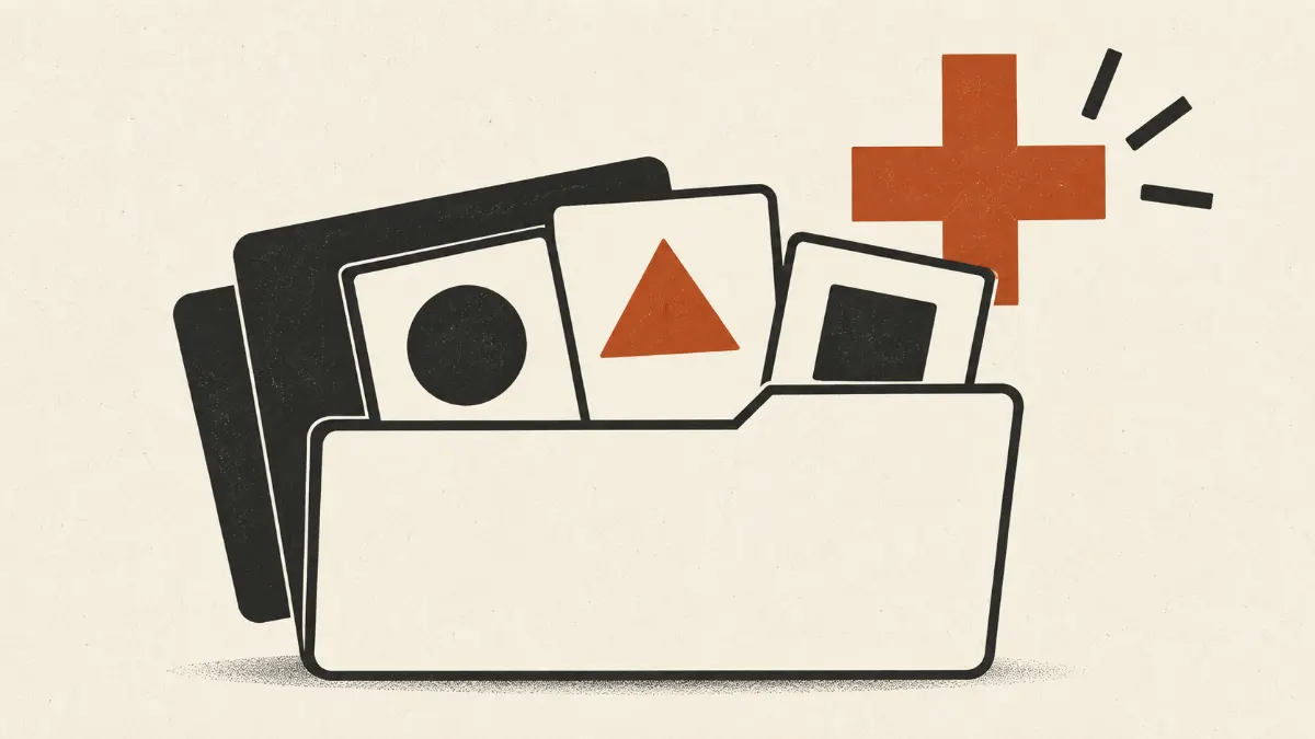 An open folder with geometric cards and an orange plus sign